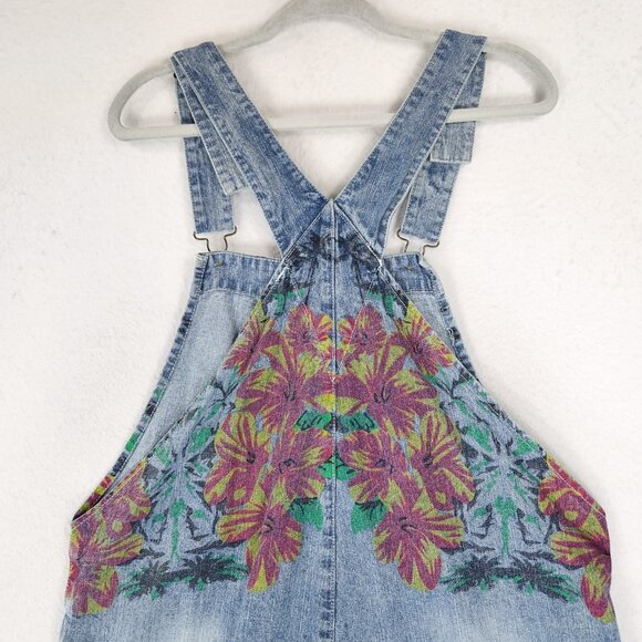 Monthorigin Overalls Womens Large Blue Floral Print Bibs Denim Distressed Casual - Picture 10 of 14